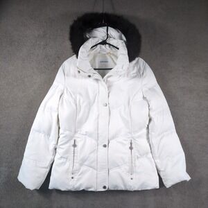 Calvin Klein Puffer Jacket Womens M White Faux Fur Hooded Down Insulated Y2K
